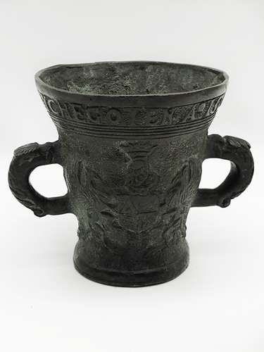 HEAVY BRONZE DUTCH MORTAR INSCRIBED WITH: JACQUES SERKE HEFT MY CHEGOTEN A 1576