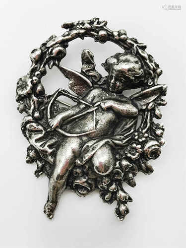 WHITE METAL ORNATE LARGE BROOCH WITH CHERUB