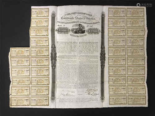 1871 CONFEDERATE STATES OF AMERICA COTTON BOND WITH COUPONS IN MINT CONDITION