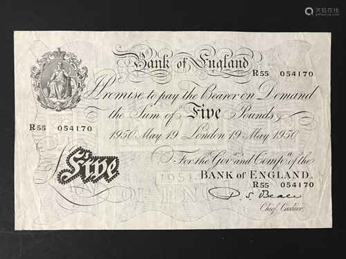 WHITE FIVE POUND NOTE - 1950 SIGNED BEALE - R55 054170