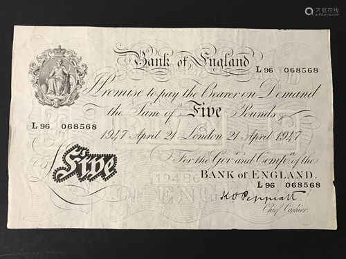 WHITE FIVE POUND NOTE - 1947 SIGNED PEPPIATT - L96 068568