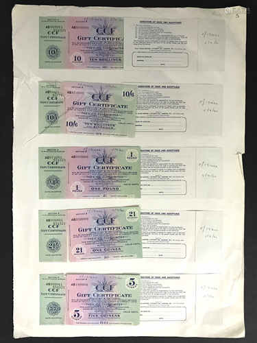 PROOFS OF CCF GIFT CERTIFICATE TICKETS FROM 1960s