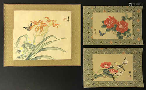 THREE CHINESE SILK PICTURES OF FLOWERS