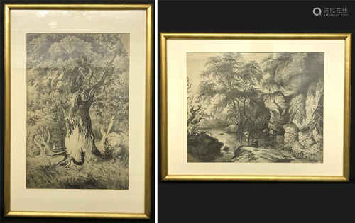 PAIR OF LARGE PENCIL PICTURES FRAMED