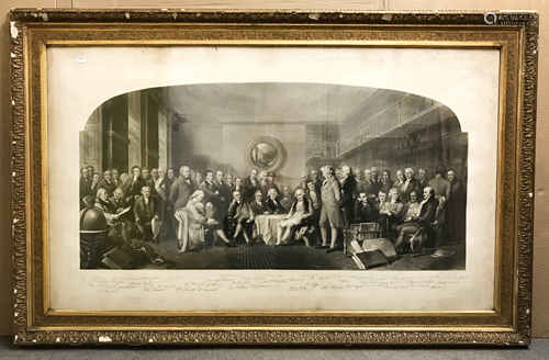 LARGE FRAMED ENGRAVING DEPICTING A MEETING OF INVENTORS AND ENGINEERS