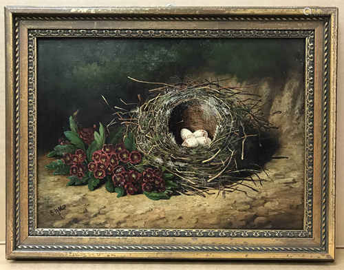 Ben Hold. British. Oil on canvas. “Still Life of Birds Nest and Primroses”. Signed lower left.