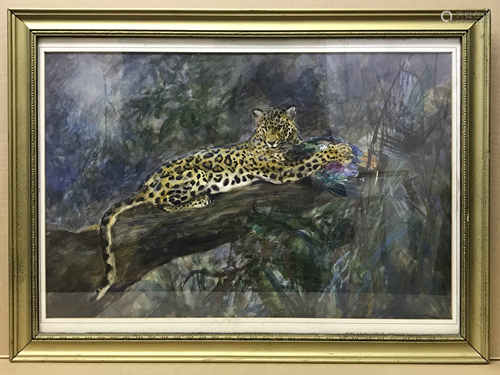 Cuthbert Edmund Swan 1870-1931. British. Watercolour. “Leopard with a Bird of Paradise”.