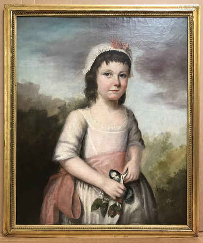 18th Century Portrait. Oil on canvas. “Young Girl Holding Flowers”. Measures 51cm x 61cm.