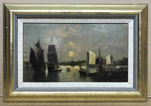 August Siegen 1890-1920. German. Oil on panel. “Ships in a Port”. Signed lower left.