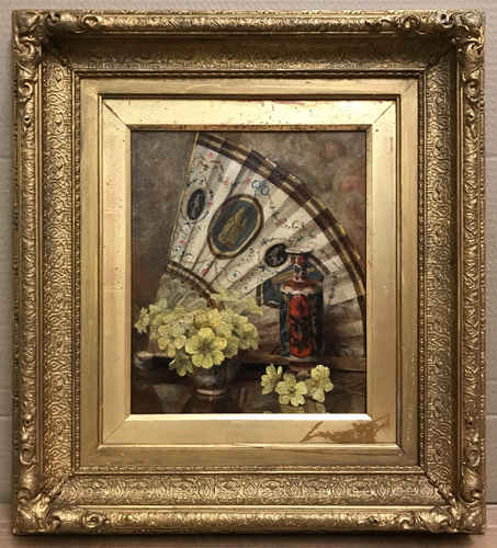 19th Century Oil on Canvas. “Still Life with Oriental Fan, Vase and Flowers”.