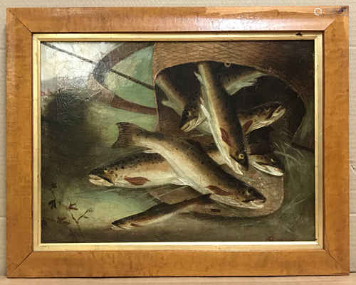 19th Century English School. Oil on canvas. “Trout, Fishing Rod and Creel on a Bank”