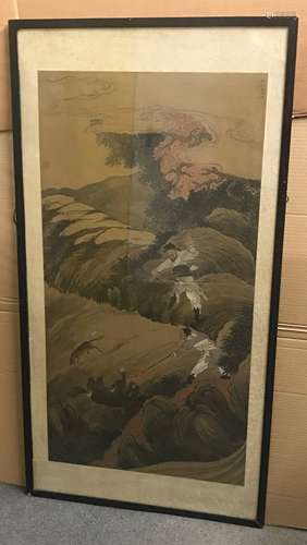 LARGE CHINESE WATERCOLOUR HUNTING SCENE