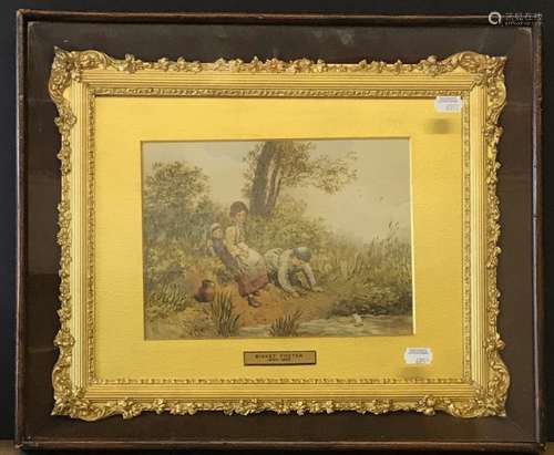 BIRKET FOSTER FRAMED WATERCOLOUR OF CHILDREN PLAYING BY STREAM - EXHIBITED IN RWS WINTER 1871