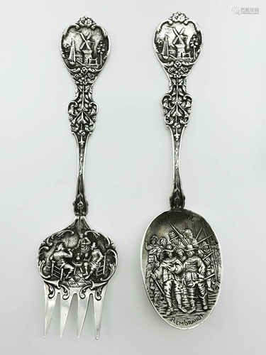 PAIR OF SILVER DUTCH REMBRANDT SPOON & FORK