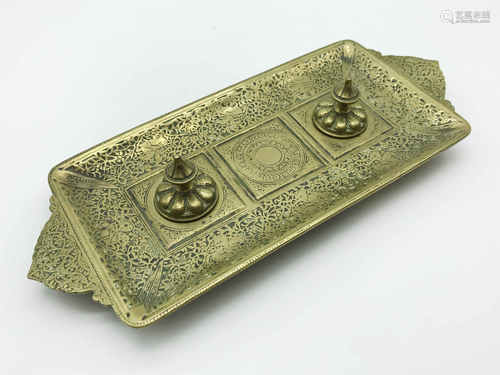 LARGE HEAVY SOLID BRASS MIDDLE EASTERN INKWELL