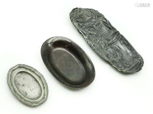 THREE OLD PIN TRAYS / DISHES - BRONZE PEWTER