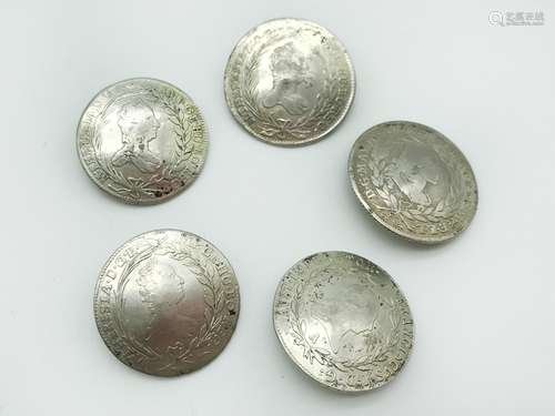 FIVE FRENCH SILVER COINS MADE TO BUTTONS