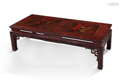 TABLE RECTANGULAIRE en bois laquée rouge et polych…