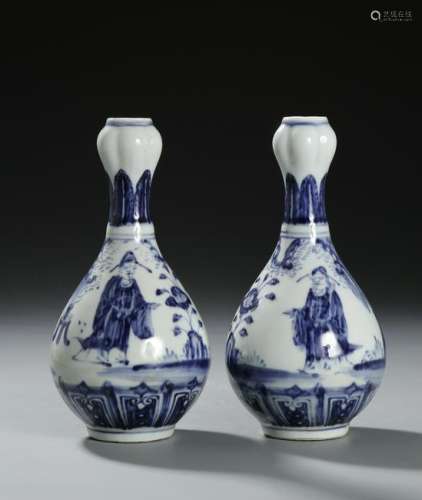 Pair of Chinese Blue and White Garlic Mouth Vases
