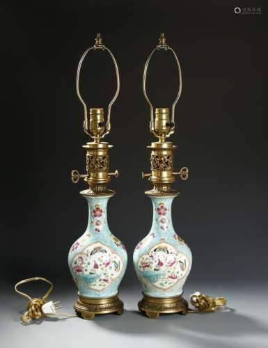 Pair of Famille Rose Vases, Mounted as Lamps