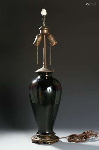 Mirror Black Baluster Vase, Mounted as Lamp
