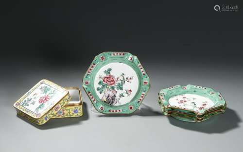 Four Chinese Enamel Dishes and a Box