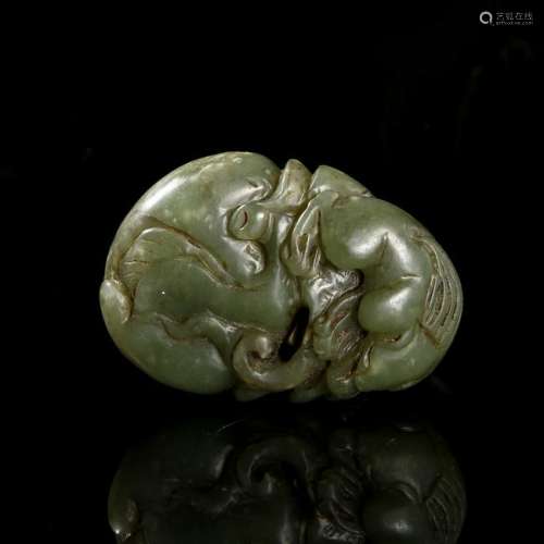 Chinese Archaic Spinach Nephrite Jade Beast