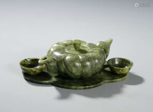 Chinese Spinach Jade Teapot, Dish and Cups