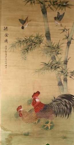 Chinese Scroll Painting of Roosters