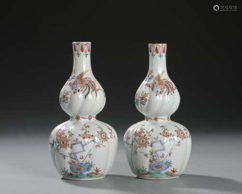 Pair of Japanese Famille Rose Double-Gourd Vases