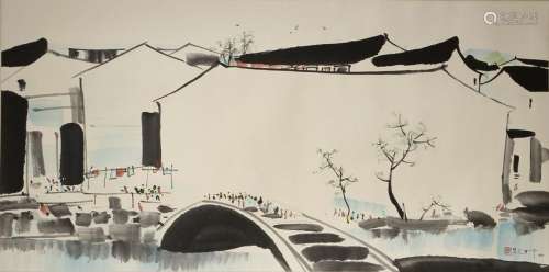 Chinese Scroll Painting of a Town