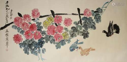 Chinese Scroll Painting of Flowers and Birds