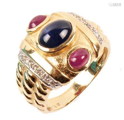 LADIES 14K YELLOW GOLD RUBY DIAMOND SAPPHIRE RING