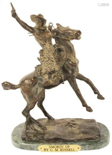 C.M. RUSSELL BRONZE SCULPTURE - SMOKIN' UP