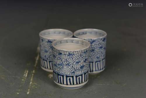 Three Japanese Blue and White Tea Cups