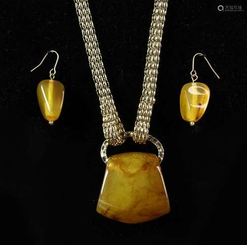 Amber Pendant and a Pair of Earrings