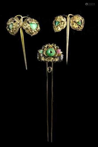 Chinese Three Gilt Jadeite Hair Pins