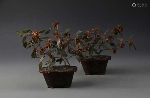 Pair of Chinese Jade and Agate Flower Pots