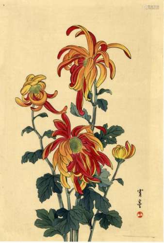 JapaneseWoodblockPrintsSeiteiOrangeChrysanthemums(38x26cm)-Flowersona[...]