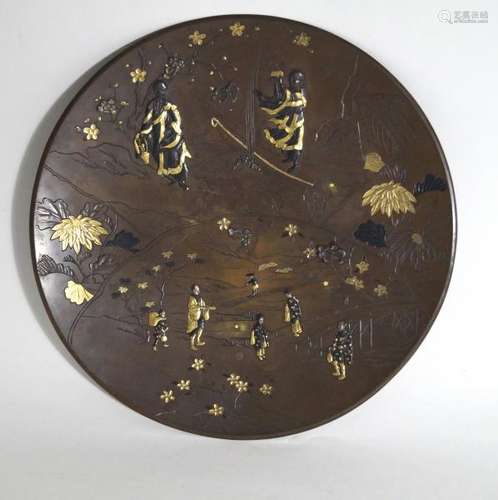 JapaneseAntiquesDecorativeplate,Meiji-D.35.5cm.Bronzeredpatina,relief[...]