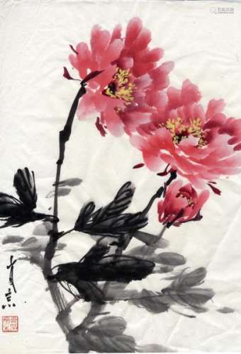 ChineseAntiquesandArtRedPeonies,Painting-42x30cm.Inkandpaintonpaper.[...]
