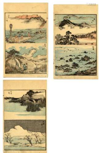 JapaneseWoodblockPrintsEisen,Keisai1790-1848Landscapes,foursinglebookpages[...]