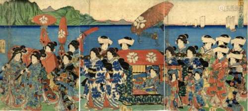 JapaneseWoodblockPrintsYoshikazu,Issentätig1850-70Bijinga(triptych,ca.[...]