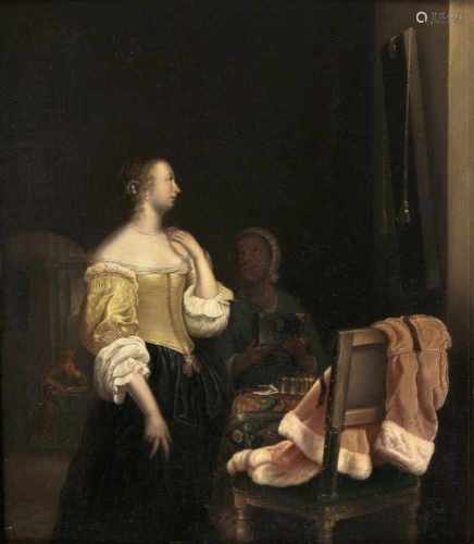 Frans van Mieris(Leiden 1635 - Leiden 1681), UmkreisDame bei der ToiletteSpätes 17. Jh., Öl/Holz, 33