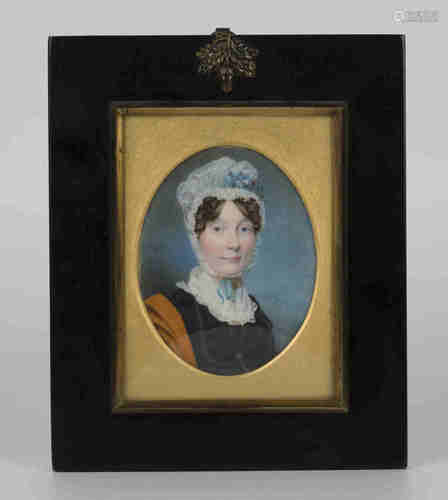 Attributed to Andrew Robertson - Oval Miniature Portrait of a Lady wearing a Lace Bonnet and Black