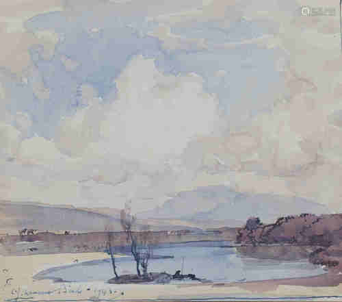 Samuel John Lamorna Birch - Landscape with Lake and Fisherman, watercolour, signed and dated 1943,