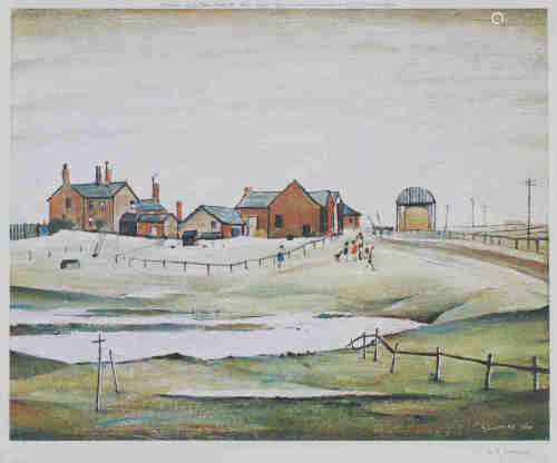 L.S. Lowry - Landscape with Farm Buildings, colour print, published by Venture Prints circa 1974,