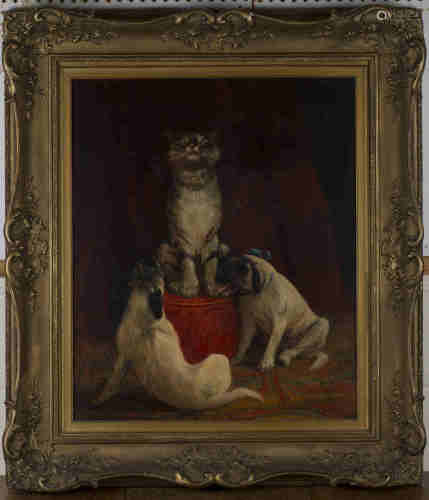 Frederick Thomas Daws - The Crescendo (Two Pug Dogs and a Cat), late 19th/early 20th century oil