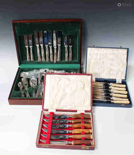 A collection of assorted plated cutlery, including three cased canteens and a set of fish knives and