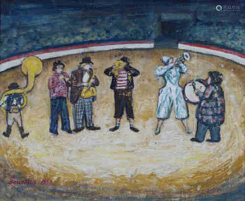 Alan Lowndes - 'Circus Scene', oil with gouache on board, signed and dated 1959 recto, titled